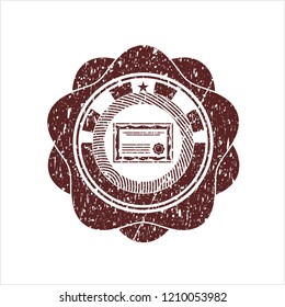 Red certificate icon inside rubber seal with grunge texture