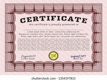 Red Certificate. Retro design. Vector illustration. With complex linear background. 