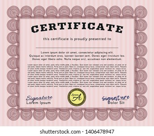 Red Certificate. Sophisticated design. Vector illustration. With guilloche pattern. 