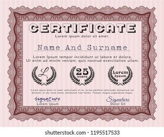 Red Certificate template. Artistry design. With background. Detailed. 