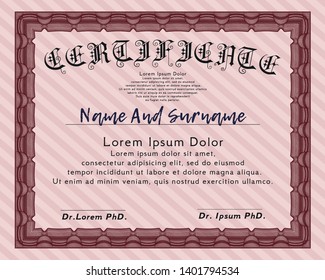 Red Certificate template. With complex background. Good design. Vector illustration. 