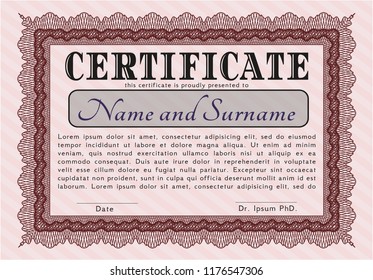 Red Certificate template or diploma template. Artistry design. Complex background. Detailed. 
