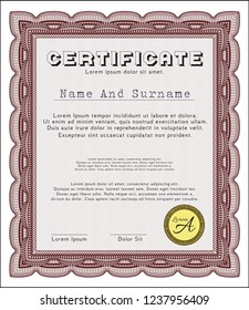 Red Certificate template or diploma template. With background. Artistry design. Vector illustration. 