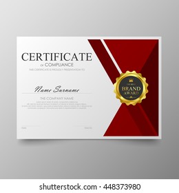 Red certificate template diploma background vector modern value design and luxurious elegant. Illustration layout cover leaflet horizontal in A4 size pattern.