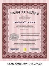 Red Certificate template or diploma template. With background. Vector illustration. Money style design. 