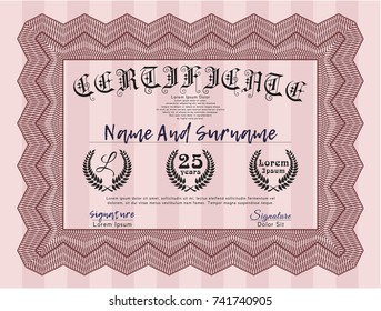 Red Certificate template or diploma template. With background. Vector illustration. Lovely design. 