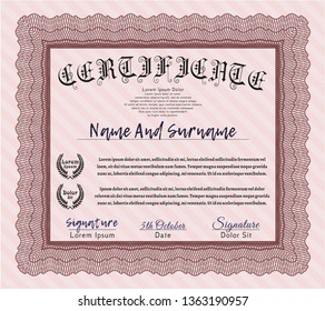 Red Certificate template or diploma template. With complex background. Artistry design. Vector illustration. 