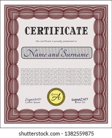 Red Certificate template or diploma template. With complex background. Lovely design. Vector illustration. 