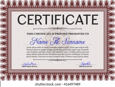 Plantilla de certificado rojo o plantilla de diploma. Fondo complejo. Diseño superior. Patrón vectorial que se utiliza en moneda y diplomas.