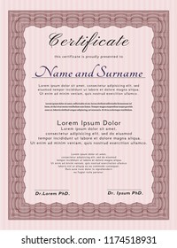 Red Certificate template or diploma template. Cordial design. Detailed. With guilloche pattern. 