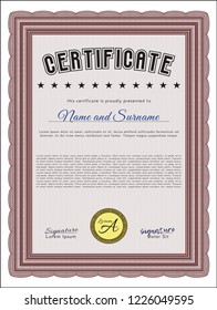 Red Certificate template or diploma template. Good design. Vector illustration. With complex linear background. 