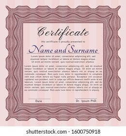 Red Certificate template or diploma template. Good design. With complex linear background. Detailed. 