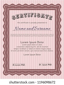 Red Certificate template or diploma template. With great quality guilloche pattern. Vector illustration. Perfect design. 