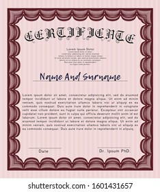 Red Certificate template or diploma template. With linear background. Elegant design. Vector illustration. 