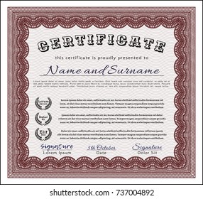 Red Certificate template or diploma template. Lovely design. Vector illustration. Easy to print. 