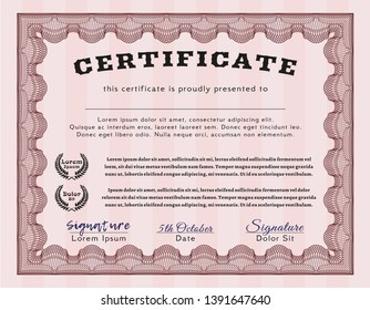 Red Certificate template or diploma template. Retro design. Vector illustration. With complex linear background. 