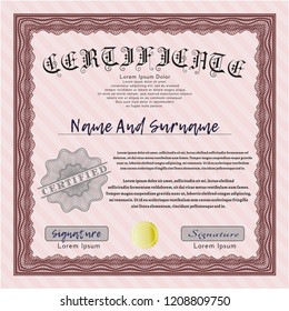 Red Certificate template or diploma template. Sophisticated design. With complex linear background. Detailed. 