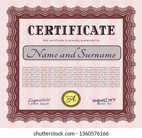 Red Certificate template or diploma template. Sophisticated design. With guilloche pattern. Vector illustration. 