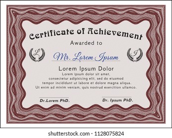Red Certificate template or diploma template. Vector illustration. With great quality guilloche pattern. Retro design. 
