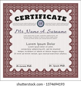 Red Certificate template or diploma template. Vector illustration. With guilloche pattern and background. Modern design. 