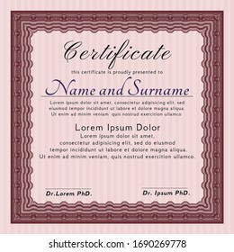 Red Certificate template or diploma template. Vector illustration. Complex background. Lovely design. 