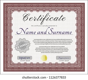 Red Certificate template. With great quality guilloche pattern. Vector illustration. Lovely design. 