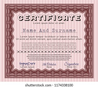 Red Certificate template. Lovely design. With background. Vector illustration. 
