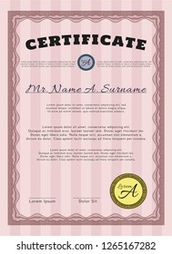 Red Certificate template. Modern design. With guilloche pattern and background. Vector illustration. 