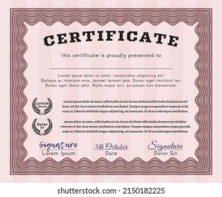 Vorlage für rotes Zertifikat.  Geldmuster-Design.   Detaillierte Angaben. 