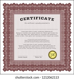 Red Certificate template. Vector illustration. With complex linear background. Artistry design. 