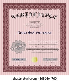 Red Certificate template. Vector illustration. With guilloche pattern and background. Retro design. 
