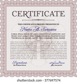Red Certificatem diplmoa or award template. With guilloche pattern. Money style design. Design template. 