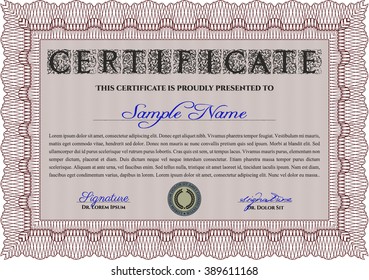 Red Certificatem diplmoa or award template. With guilloche pattern. Design template. Money style design. 