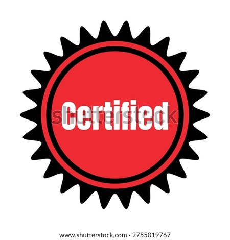 Red certification badge with spiked border and white text stating certified