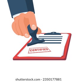 Sello de caucho rojo certificado en una hoja blanca de papel. Manteniendo el sello en la mano. Documentos oficiales. Diseño isométrico de ilustración vectorial. Aislado sobre fondo blanco.