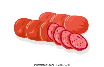 Red cervelat, ham, sausage, kielbasa, salami, mortadella, pepperoni cutted to slices for sandwiches, meat platter. Vector cartoon illustration of butchery or homemade product isolated on white.