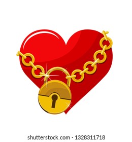 Red chained heart with gold chain and lock vector design illustration isolated on white background