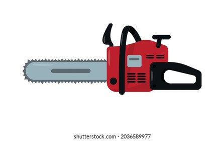 Red chainsaw icon. Electric or gasoline Work tool or equipment for sawing wood, building, carpentry work. Vector illustration isolated on white background.