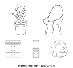 A red chair with a comfortable back, an aloe flower in a pot, an apparatus with clean water, a cabinet for office papers. Office Furniture set collection icons in outline style vector symbol stock
