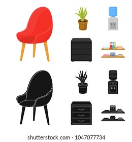 A red chair with a comfortable back, an aloe flower in a pot, an apparatus with clean water, a cabinet for office papers. Office Furniture set collection icons in cartoon,black style vector symbol