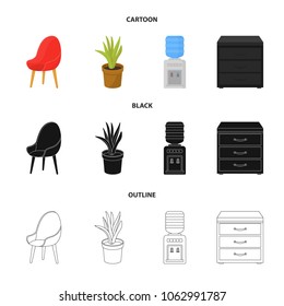 A red chair with a comfortable back, an aloe flower in a pot, an apparatus with clean water, a cabinet for office papers. Office Furniture set collection icons in cartoon,black,outline style vector