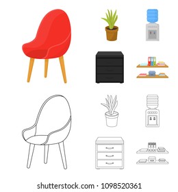 A red chair with a comfortable back, an aloe flower in a pot, an apparatus with clean water, a cabinet for office papers. Office Furniture set collection icons in cartoon,outline style vector symbol