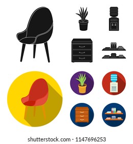 A red chair with a comfortable back, an aloe flower in a pot, an apparatus with clean water, a cabinet for office papers. Office Furniture set collection icons in black, flat style vector symbol stock