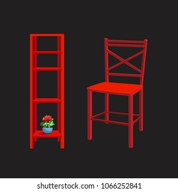 Red chair and etazhetka on a black background. Stylish self. Isolated object. Vector.

