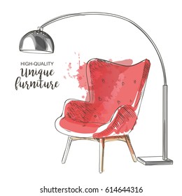 Red Chair With Lamp. Hand Drawn Furniture And Interior Detail Chairs Vector Sketch Isolate