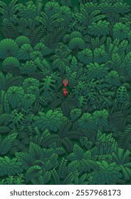 Red chair with location icon in the jungle, Illustration for postcard, decoration print, green plants in the tropical jungle, with the middle of frame is red chair and red location pin.