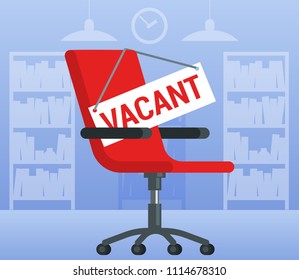 Red chair in the office icon  with a vacant tag. Hiring and recruiting flat design vector concept.