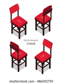 Red chair on four sides vector in isometric projection. Comfortable furniture illustration for stores ad, app icons, infographics, logo, web and games environment design. Isolated on white background 