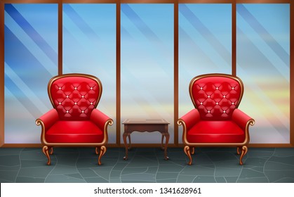 red chair on marble floor with glass windows in the room