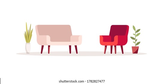 Red chair and pink couch semi flat RGB color vector illustration. Sofa and armchair for psychological consultation. Comfortable interior. House furniture isolated cartoon object on white background